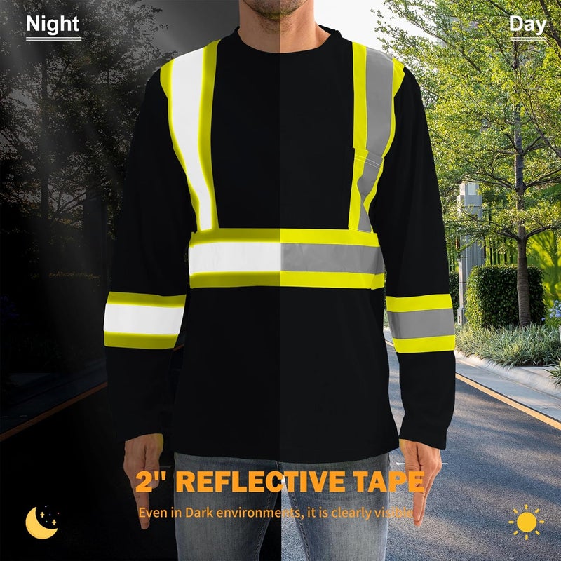 DPSAFETY Hi Vis Safety Long Sleeve Shirts，High Visibility Class 3 T Shirts with Reflective Strips and Pocket, Quick Dry Mesh Construction Work Shirt for Men/Women (Black,6XL) - Image 4